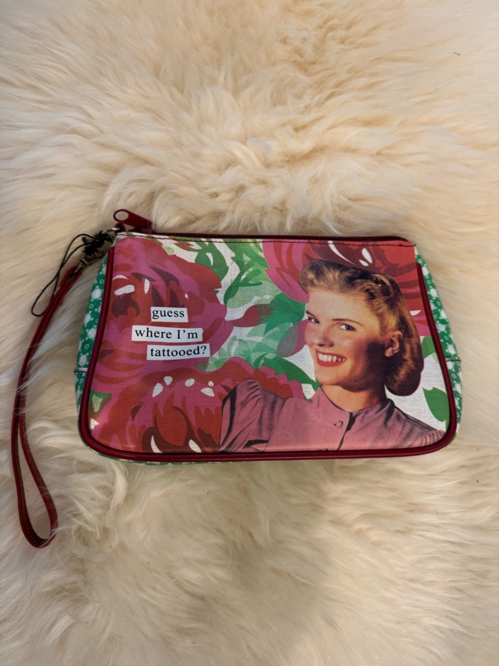 Anne Traitor Graphic Floral Cosmetic Wristlet Clutch in Red and Pink